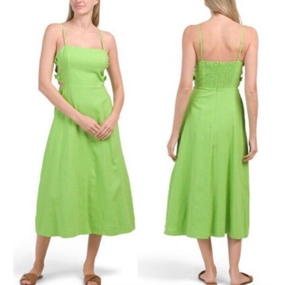 HEMANT AND NANDITA Linen Blend Cutout Midi Dress Green Size Large NWT